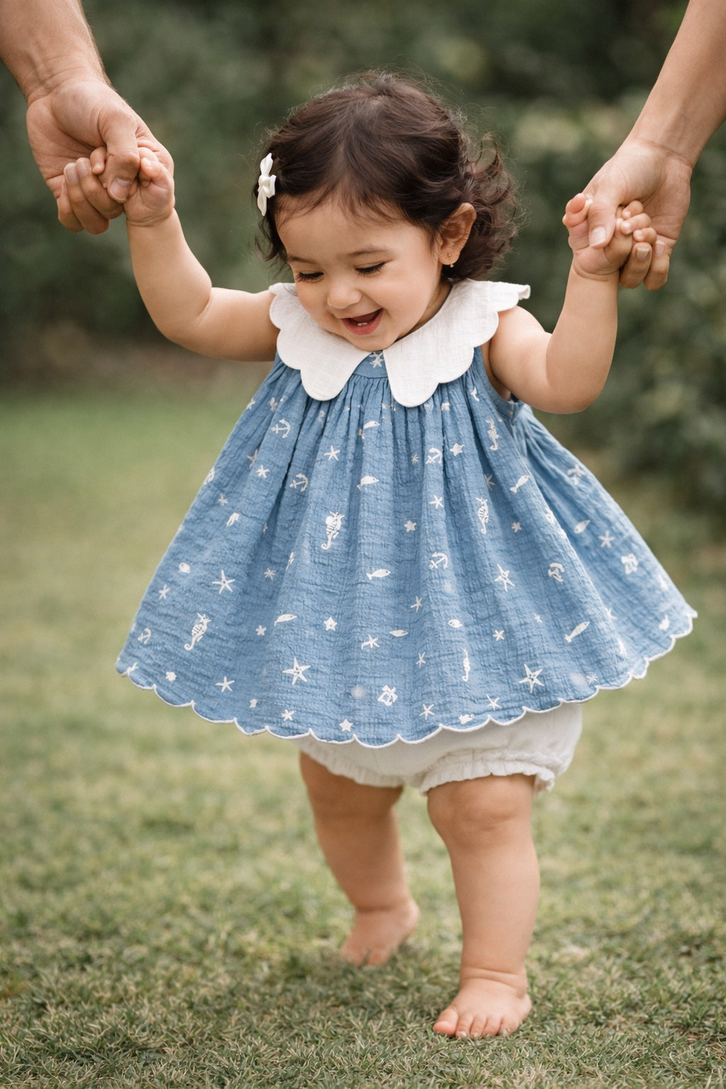 Ocean Splash Frock Set – Organic Cotton Muslin Frock with Bloomer for Baby Girl  (6–24 Months)